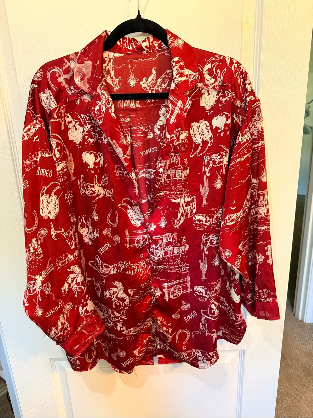 Vintage Red Western Print Button-Up Shirt Oversized with flaws